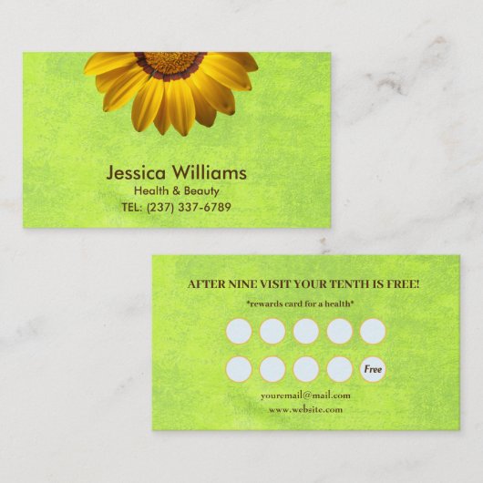 黄色い花オン抽象芸術グリーンモノグラム ロイヤリティカード (正面/裏面)