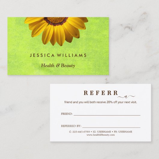 黄色い花オン抽象芸術グリーンモノグラム 紹介カード (正面/裏面)