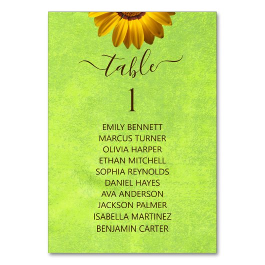 黄色い花オン抽象芸術結婚グリーン テーブルナンバー (正面)