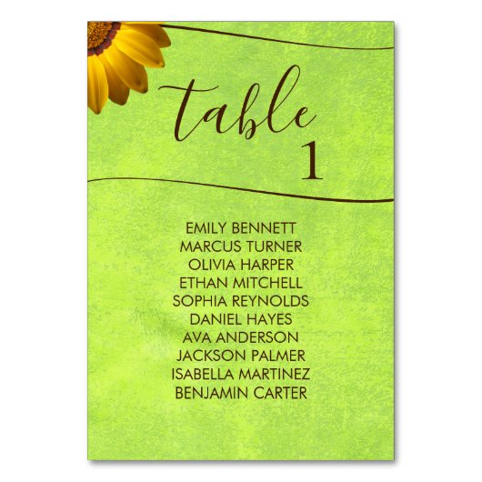 黄色い花オン抽象芸術結婚グリーン テーブルナンバー (正面)