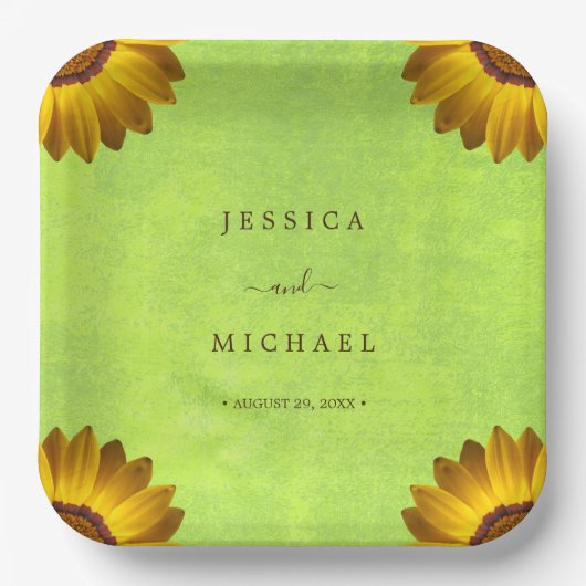 黄色い花オン抽象芸術結婚グリーン ペーパープレート (正面)