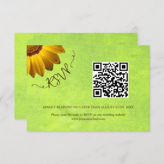 黄色い花オン抽象芸術結婚グリーン 出欠カード (正面/裏面)