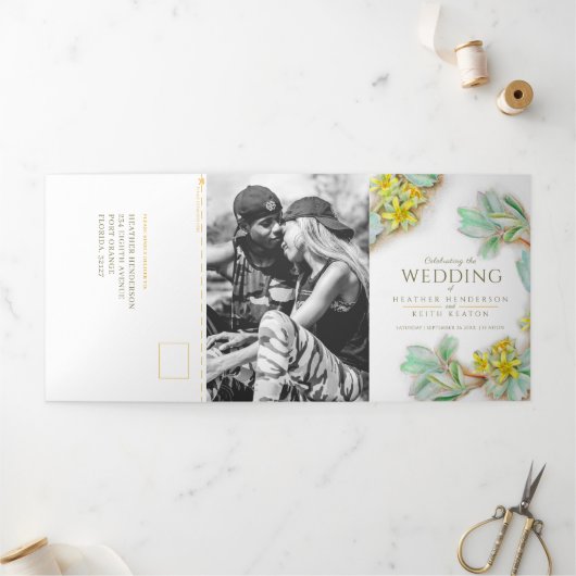 黄色い花シブ結婚バルディアの全てが一つ 三つ折り招待状 (外部)