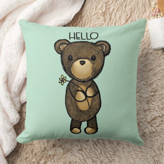 黄色い花付きかわいい茶色のクマこんにちは クッション (ブランケット)