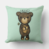 黄色い花付きかわいい茶色のクマこんにちは クッション (正面)