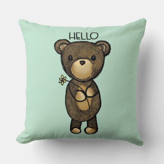 黄色い花付きかわいい茶色のクマこんにちは クッション (正面)