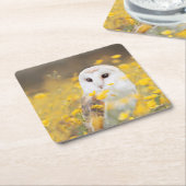 黄色い花分野のメンフクロウ スクエアペーパーコースター (アングル)
