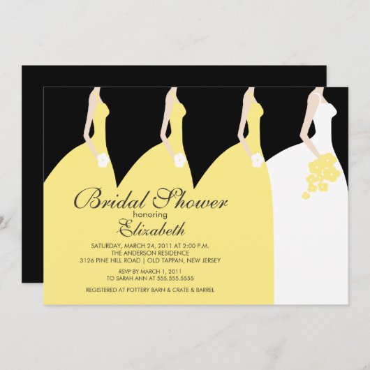 黄色い花嫁の新婦付添人のブライダルシャワーの招待状 招待状
