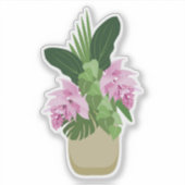 黄色い花瓶の熱帯メディニラピンクの花 シール (正面)