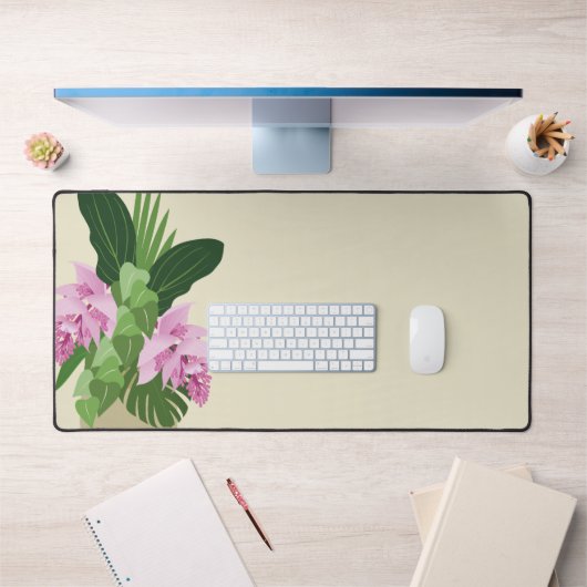 黄色い花瓶の熱帯メディニラピンクの花 デスクマット (オフィス1)