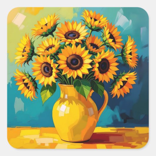黄色い花瓶の黄色のひまわり スクエアシール (正面)