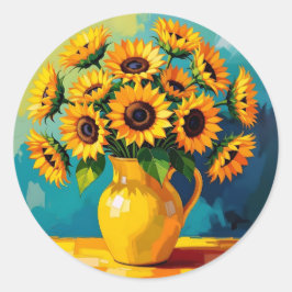 黄色い花瓶の黄色のひまわり ラウンドシール