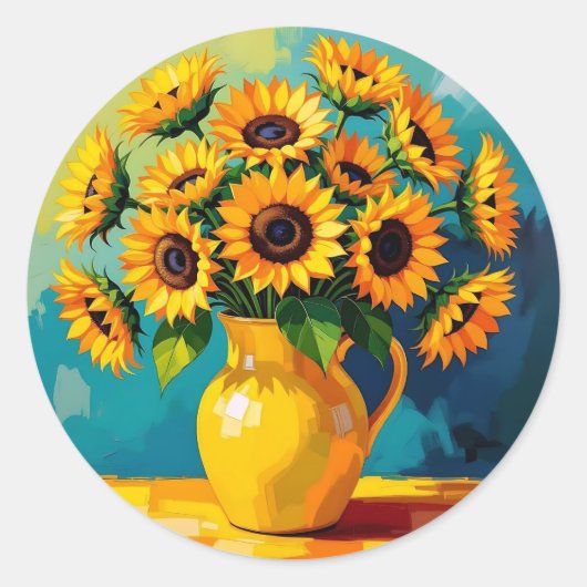 黄色い花瓶の黄色のひまわり ラウンドシール (正面)