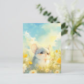 黄色い花畑で微笑む赤ちゃんチンチラ ポストカード (スタンド正面)