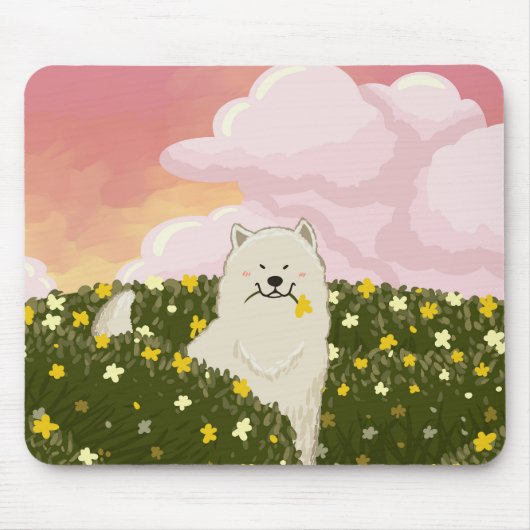 黄色い花畑のサモエド犬(ピンク) マウスパッド (正面)
