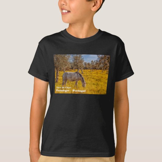 黄色い花草地で馬が放牧 Tシャツ (正面)