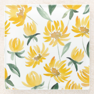 黄色い花葉夏のパターン ガラスコースター