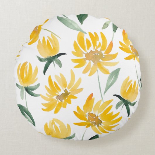黄色い花葉夏のパターン ラウンドクッション (正面)