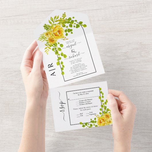 黄色い花、アーチおよびモノグラム秋の結婚式 オールインワン招待状 (貼ってはがせる)