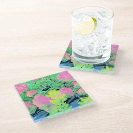 黄色い葉のピンクのあじさい園 ガラスコースター