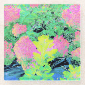 黄色い葉のピンクのあじさい園 ガラスコースター (正面)