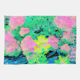 黄色い葉のピンクのあじさい園 キッチンタオル