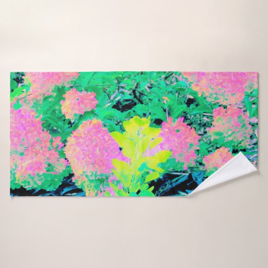 黄色い葉のピンクのあじさい園 バスタオル (バスタオル)