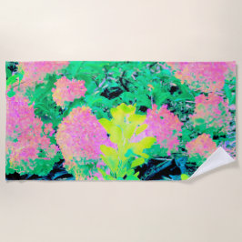 黄色い葉のピンクのあじさい園 ビーチタオル