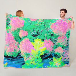 黄色い葉のピンクのあじさい園 フリースブランケット