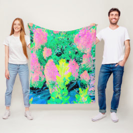 黄色い葉のピンクのあじさい園 フリースブランケット