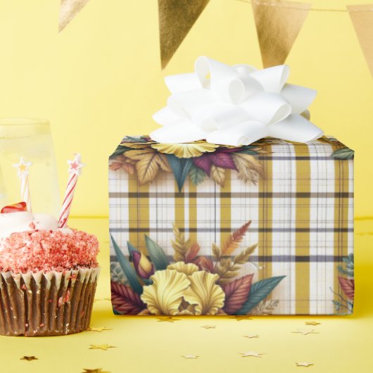 黄色い虹彩(格子付き紅葉付き) ラッピングペーパー (誕生日パーティー)