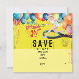 黄色い誕生日のラケット付きテニスボール 招待状