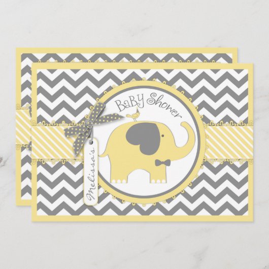 黄色い象のちょうネクタイのシェブロンのプリントのベビーシャワー 招待状 (正面/裏面)
