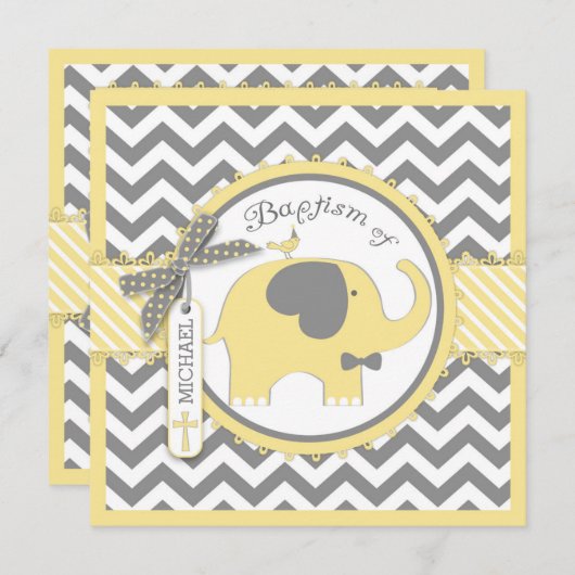 黄色い象のちょうネクタイのシェブロンのプリントの洗礼 招待状 (正面/裏面)