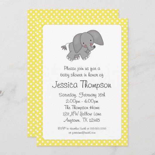 黄色い象の水玉模様のベビーシャワー 招待状 (正面/裏面)