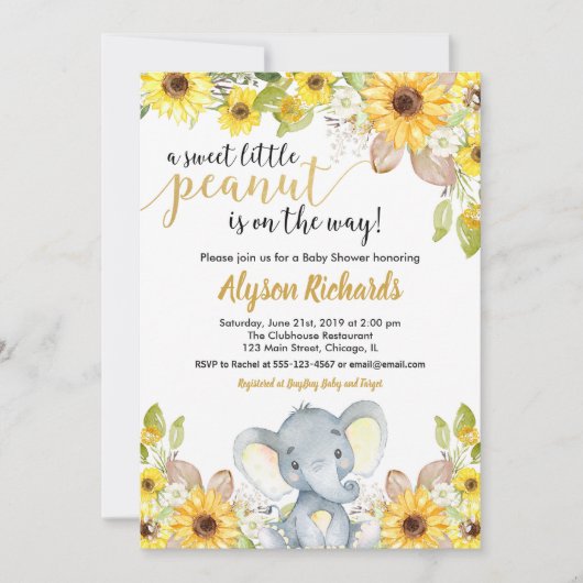 黄色い象の男女兼用フローラの赤ちゃんシャワー 招待状 (正面)