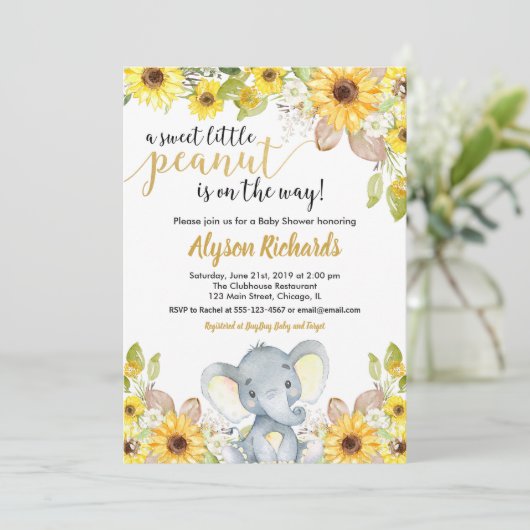 黄色い象の男女兼用フローラの赤ちゃんシャワー 招待状 (スタンド正面)