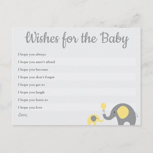 黄色い象の赤ちゃんシャワーの願いベビーカード ポストカード (正面)