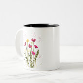 黄色い赤い野花の花の水色の素朴 ツートーンマグカップ (正面左)