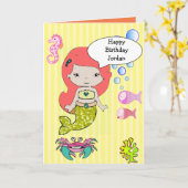黄色い赤毛の人魚のハッピーバースデーカード カード (黄色い花)