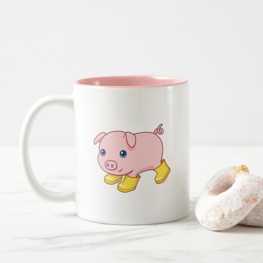 黄色い長靴を履いたかわいい子豚 ツートーンマグカップ (ドーナツ)