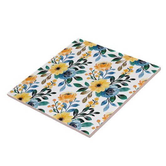 黄色い青いフローラデイジーの花模様  タイル (側面)