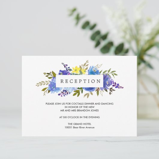 黄色い青い花結婚式のレセプションエンクロージャ エンクロージャーカード (スタンド正面)