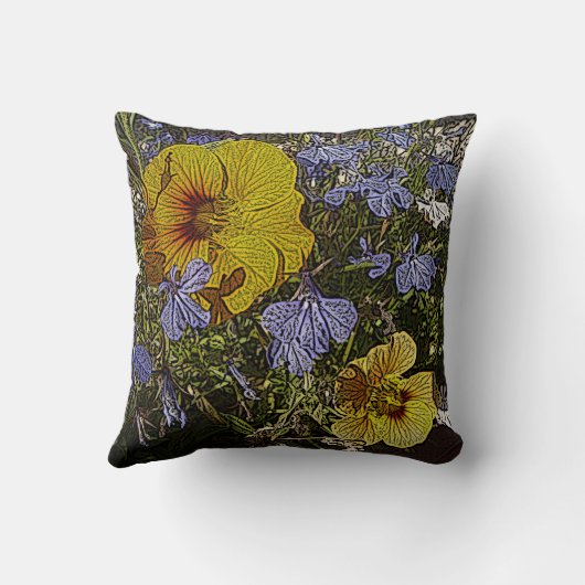 黄色い青と白の花が同時代に咲き乱れる クッション (裏面)
