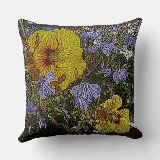 黄色い青と白の花をたくさん持つデザイン クッション (裏面)