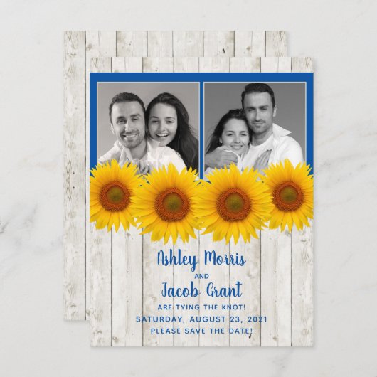 黄色い青のひまわり素朴の写真の日付を保存 セーブザデート (正面/裏面)