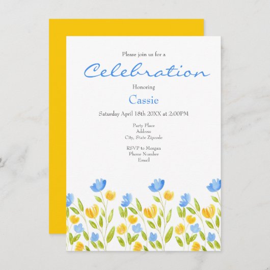 黄色い青の花のフィールド招待状 招待状 (正面/裏面)