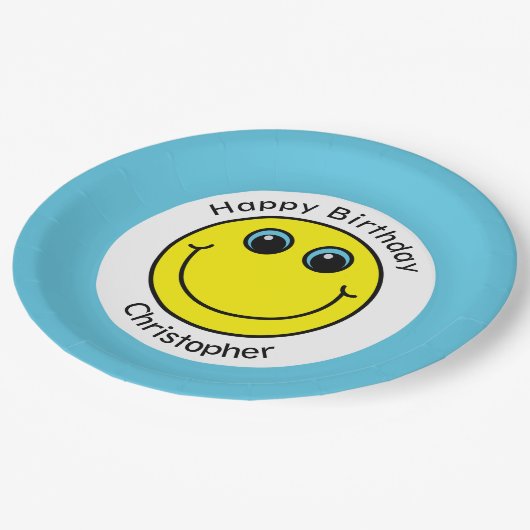 黄色い顔パーソナライズされたの誕生日パーティー ペーパープレート (アングル)