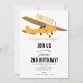 黄色い飛行機キッズ1st誕生日パーティータイムフライ 招待状 (正面)