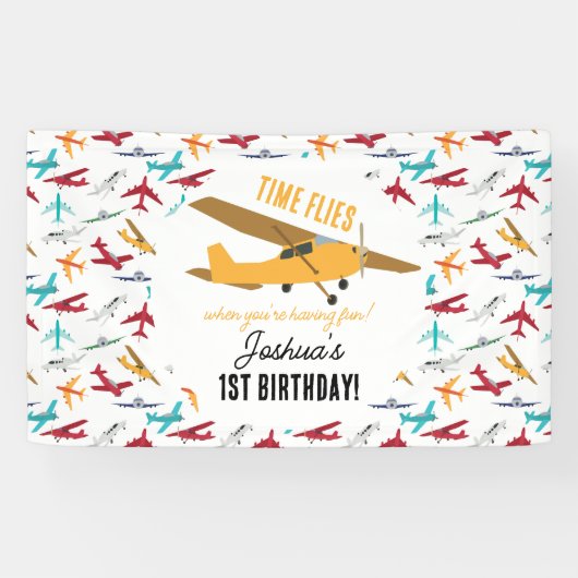 黄色い飛行機キッズ1st誕生日パーティータイムフライ 横断幕 (横)